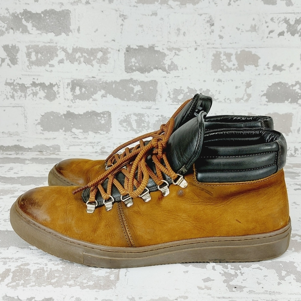 Mercanti Fiorentini Brown Leather Lace Up Mid-Top Sneaker Camel Boots T296